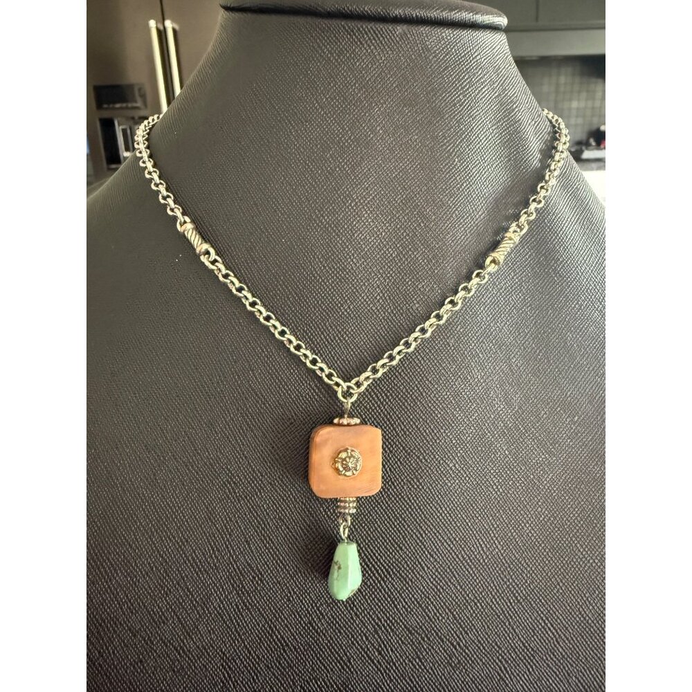 Vintage Brighton Silver Chain Necklace W/ Natural Wood Pendant & Turquoise Drop